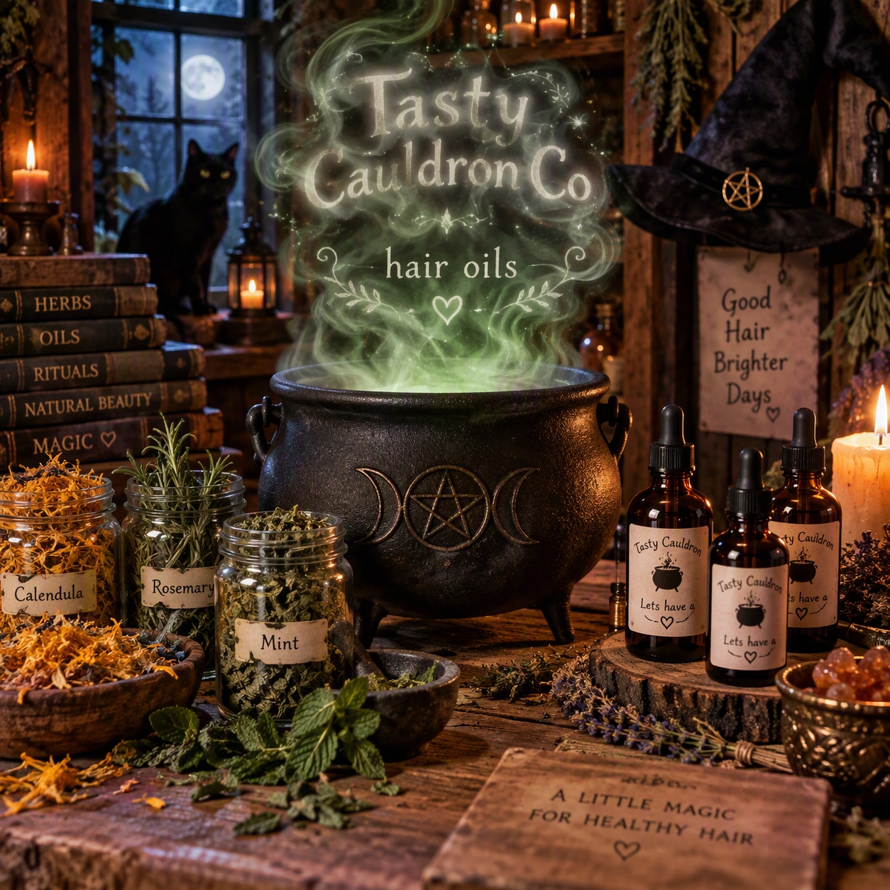 Tasty Cauldron botanical hair oils surrounded by herbs and a magical cauldron