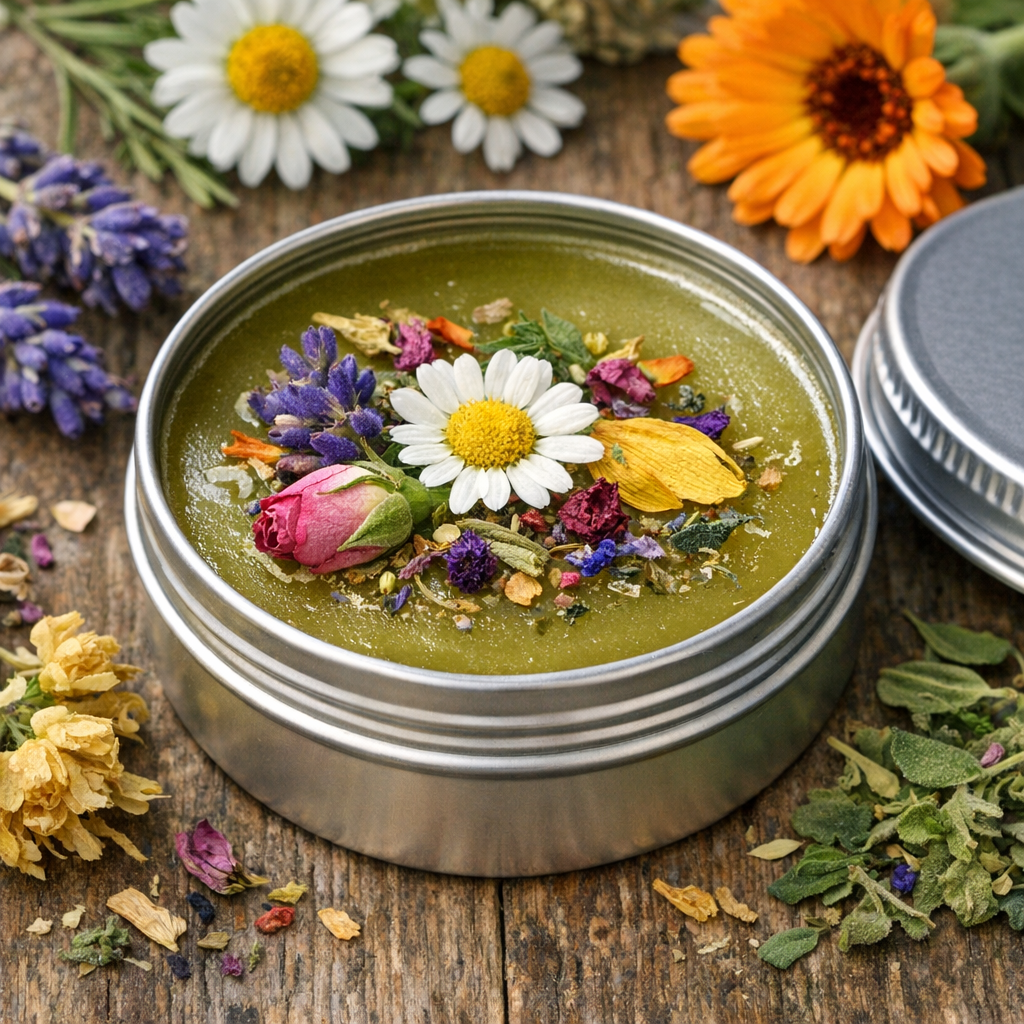 Herbal balm tin with flowers and botanicals
