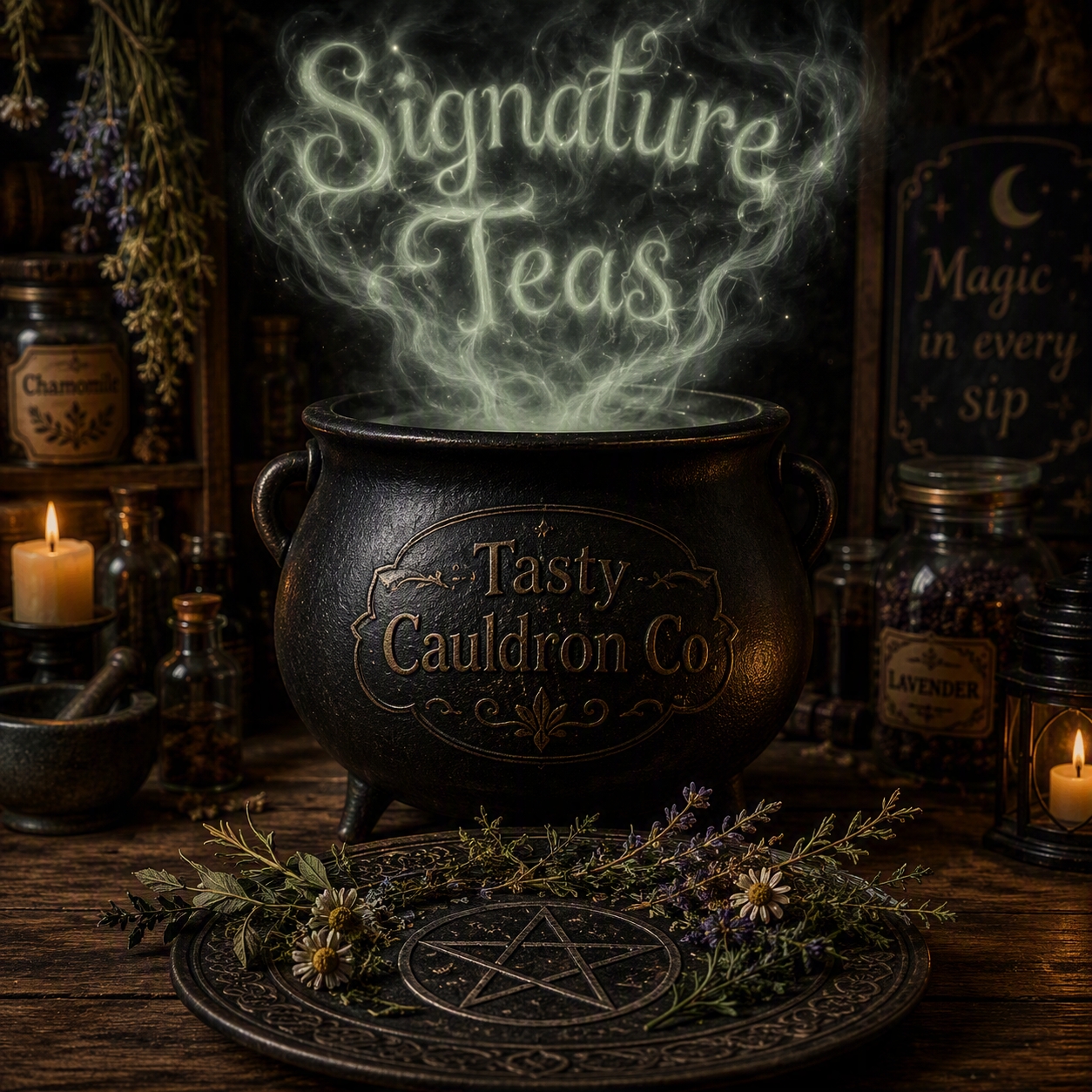 Image of cauldron and herbs on a plate